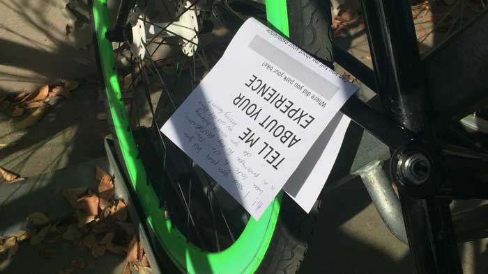 Experience survey left on user's bike